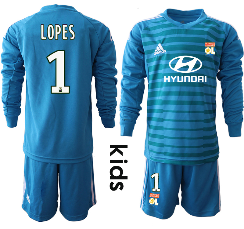 2018_2019 Club Olympique Lyonnais blue goalkeeper Youth Long sleeve #1 soccer jerseys